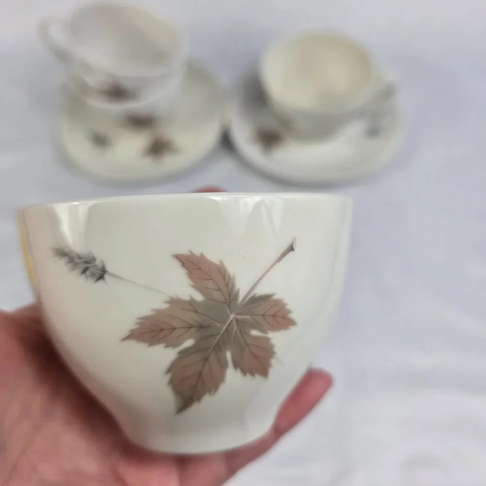 FOUR Royal Doulton Tumbling Leaves Cup & Saucer Sets Gray & Pink Leaves